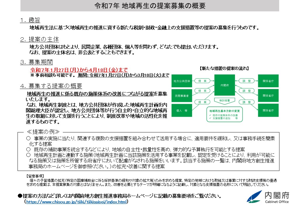 令和７年度　地域再生の提案募集の概要