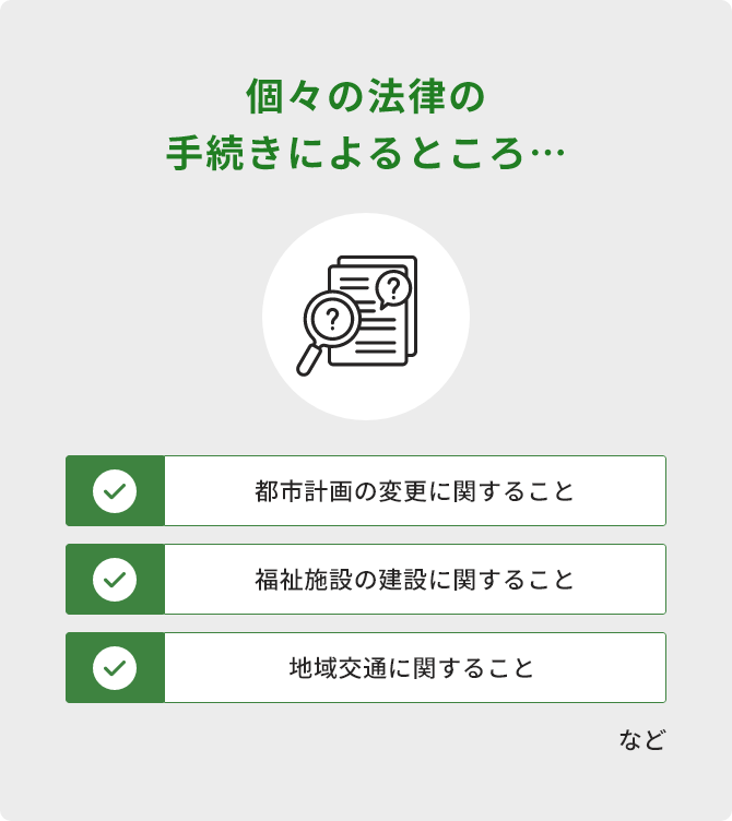 個別法の手続きによるところ… ・都市計画の変更に関すること ・福祉施設の建設に関すること ・地域交通に関すること など